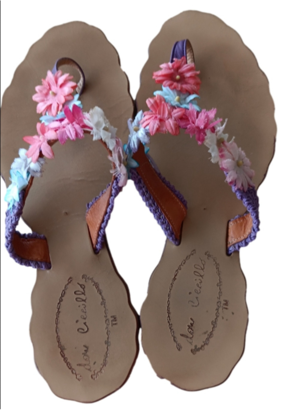 Vero Cuoio Leather Sandals with Purple & Pink 3D Floral Braided Straps Italy